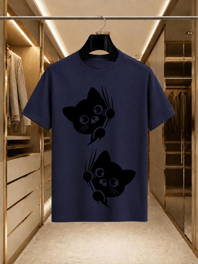 2026 New Arrival 100 Cotton Tshirt Cute Climbing Black Cat Cartoon Print Crew Neck Unisex Loose Fit Casual Short Sleeve