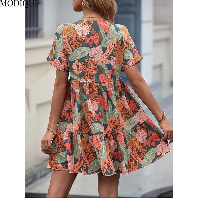 MODIQUE 2025 Summer Plus Size New Women's Sexy Casual Floral Printing Short Dress Ladies X-Line Hot V-Neck Dress