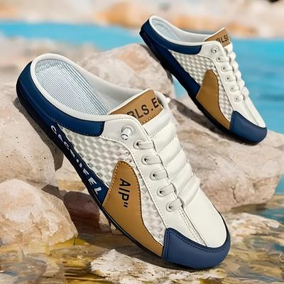 1 par de sandálias para ambientes internos, sapatos baixos masculinos, chinelos casuais de malha com corte baixo para áreas externas, sapatos de praia