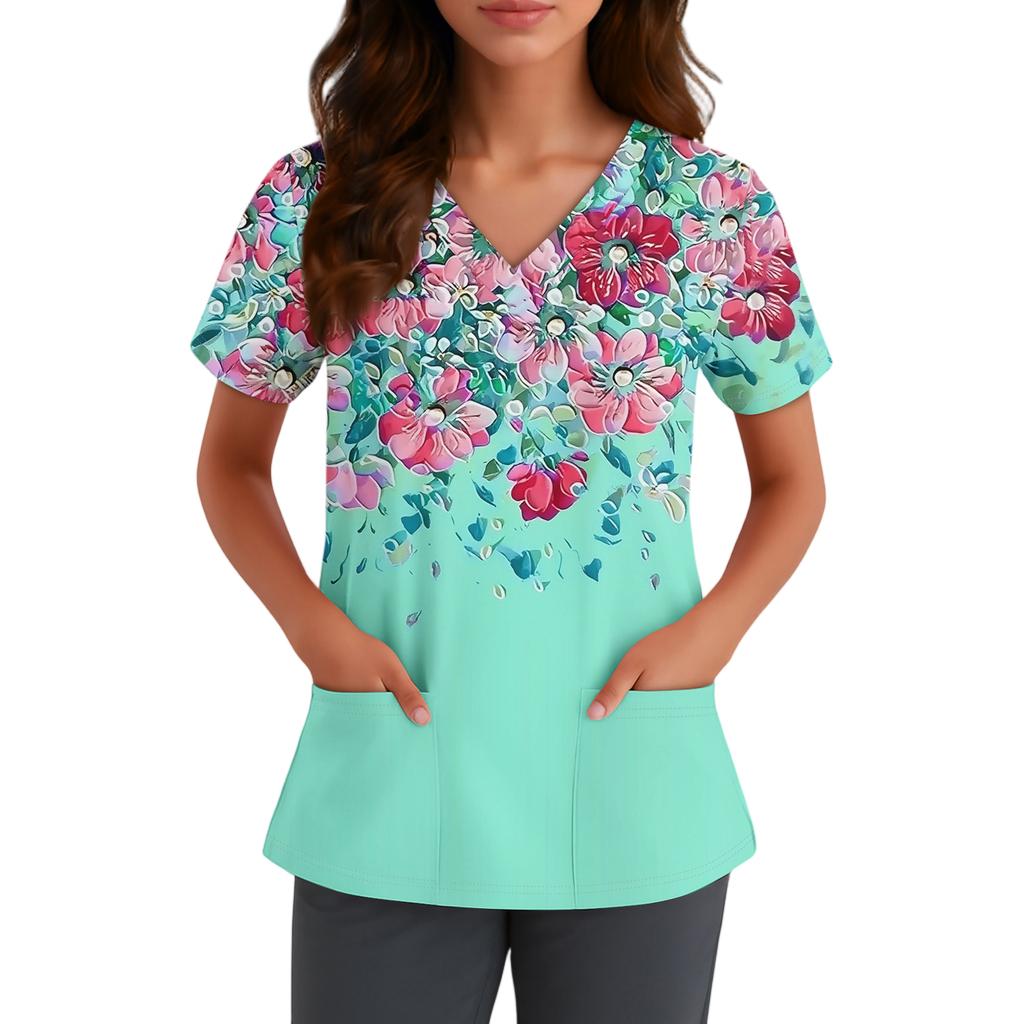 Women's Cute Bow Printed Work Clothes V-neck Double Layer Pockets Basic Short Sleeve Top Pullover