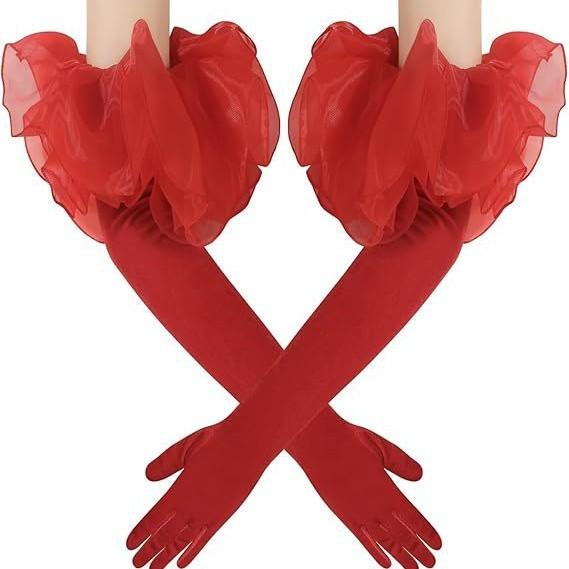 Long Velvet Gloves with Organza Ruffle Cuff, Elbow-Length Formal Gloves for Wedding/Party/Ball