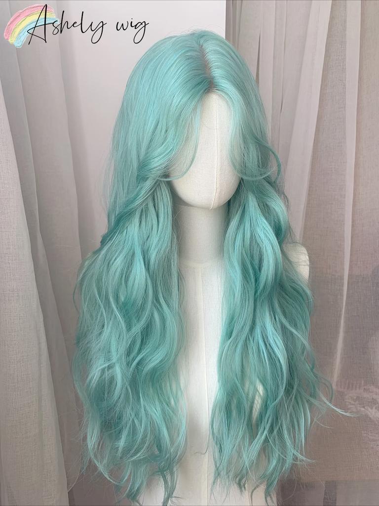 Peluca Ashely Azul Verde para Mujer 24 pulgadas de Largo Cabello Ondulado Peluca Fibra Sintética de Alta Calidad Pelucas Lolita Verde Menta Frescas Modernas Pelucas