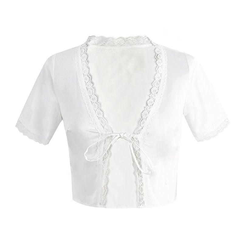 Small Lace Flounce Trim Lace up Sweet Younger Short Sleeve White High Quality Acetate Shirt Stylish Short Top