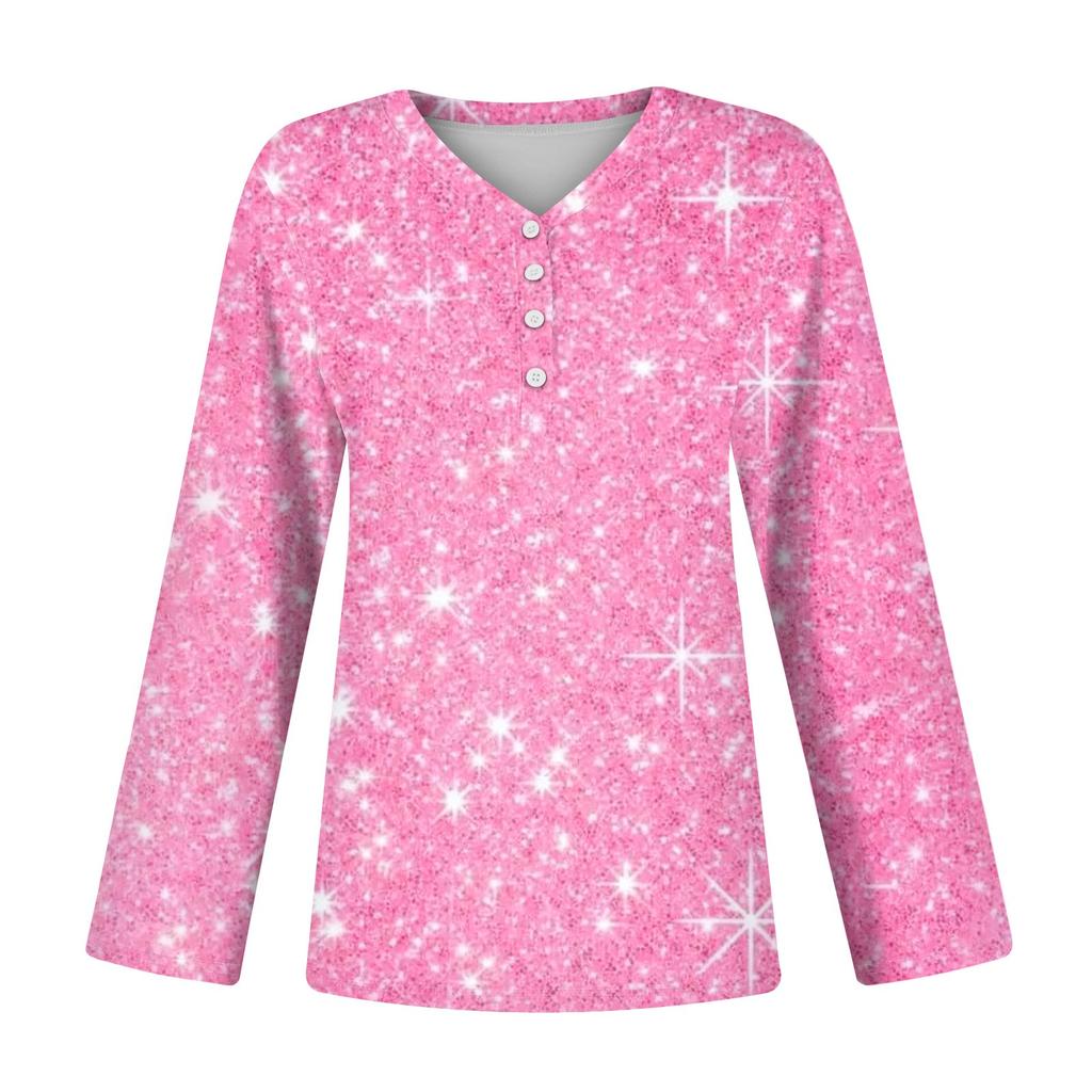 Dámská ležérní móda sexy pohodlí vánoční potisk V-výstřih knoflíky dlouhý rukáv