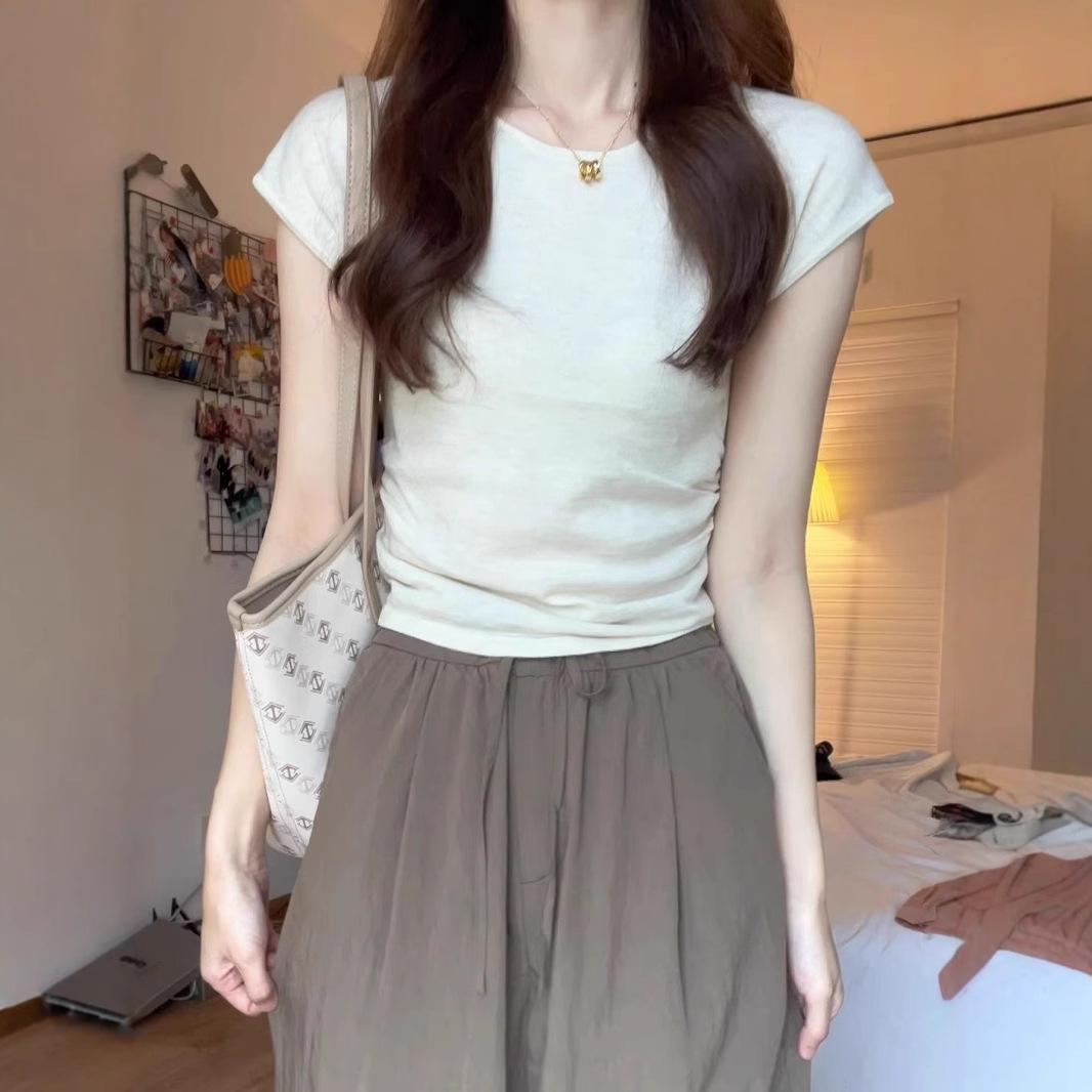 

2025 Women s Chic High-Waist Slimming Short Sleeve Retro T-Shirt L