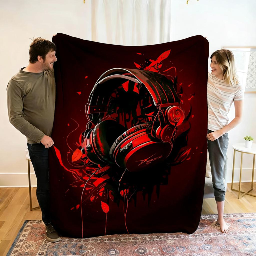 Live Music Neon Headphones Printed Flannel Blanket Perfect for Sofa Office Bed Travel Sleep Read Relax Camping Four Season Use