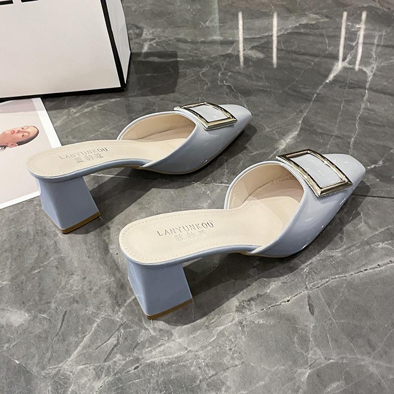 French 2025 Spring Foreign Trade New Square Buckle Sandals Bag Head Half Slippers High Heels Satin Square Head High Heels Women's Shoes