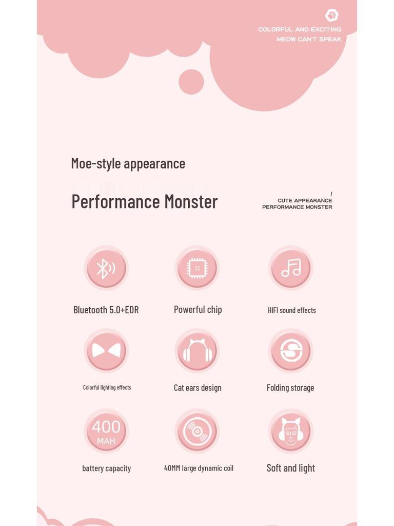 Cat Ear Luminous Bluetooth Headset: Over-Ear Wireless Headphones Compatible with Mobile Phones