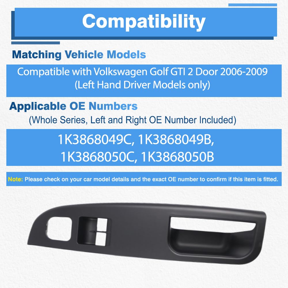 Window Control Switch Cover, Driver Side Door Switch Panel Bezel Trim, Compatible with VW Golf GTI 2 Door 2006-2009