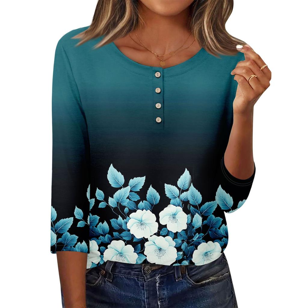 3/4 Sleeve Shirts For Women Button Down Shirt Top For Women Half Button Down Print Graphic Blouse