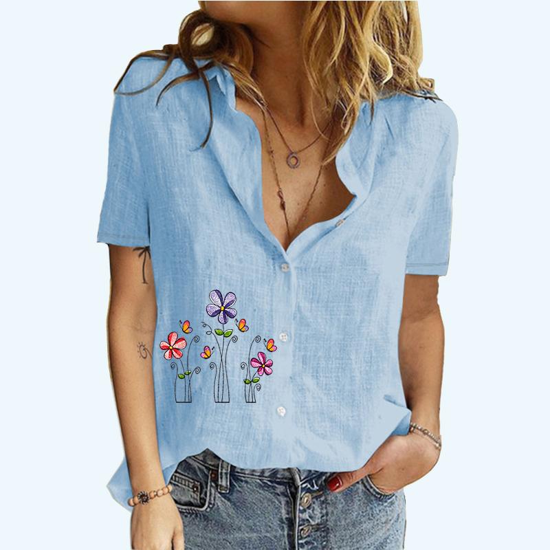 

Женская модная футболка с коротким рукавом, осень-лето, кардиган с лацканами, футболка, повседневная хлопково-льняная блузка с принтом