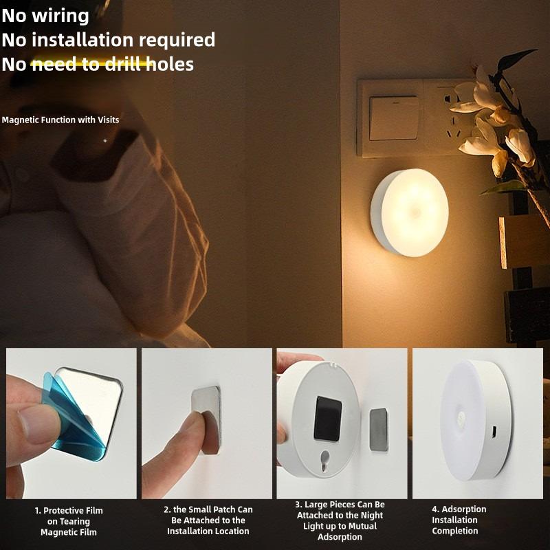 Motion Sensor LED Night Light Auto On and Off Energy-saving Nightlights USB Rechargeable Wall Lamp Cabinet Stairs Lighting