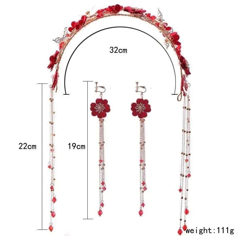 Modă Vintage Roșu Chinezesc Floare Cristal Agrafe de Păr Bentiță Cercei Nuntă Tiară Piesa de Cap Accesorii Seturi Bijuterii Perle