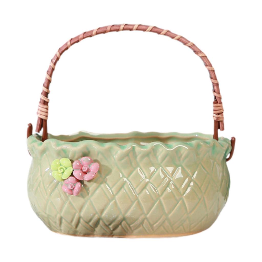 Handheld Basket Planter Container Decorative Ornament Planting Pot Cute Gardening Ceramic Flower Pot for Home Office Desktop
