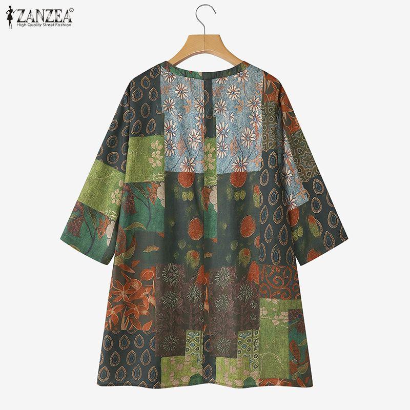 ZANZEA Blusa Casual de Verano para Mujer con Cuello Redondo y Manga Corta con Estampado Floral Retro