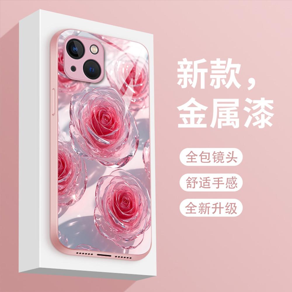 Beautiful Crystal Rose Mobile Phone Case iPhone16 High-value Glass Mobile Phone Case Apple 17promax Girls