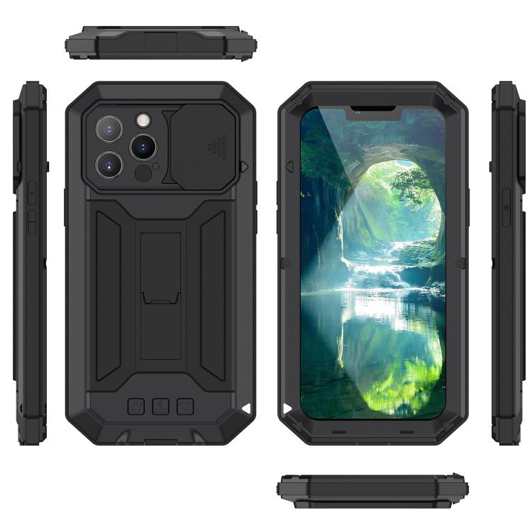 Dla iPhone 13 Pro R-JUST Przesuwana Osłona Aparatu Odporna na Wstrząsy Wodoodporna Żywotnie Pyłoszczelna Metal + Silikon Pokrowiec Ochronny z Uchwytem