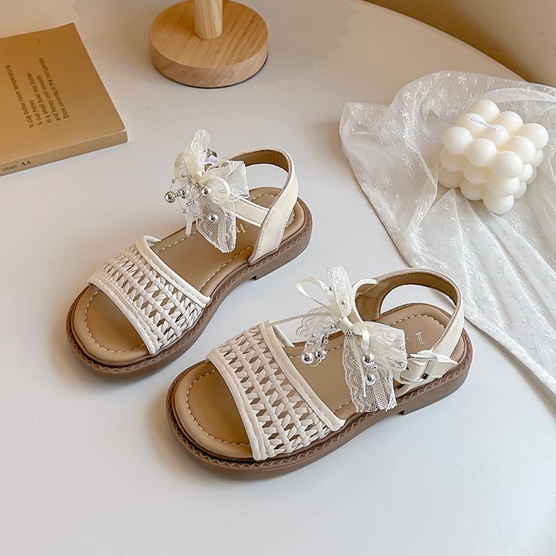 

Girls woven hollow sandals2026Summer children s open-toe mesh lace bow princess sandals beach shoes 23Inner Length15.2cm бежевый