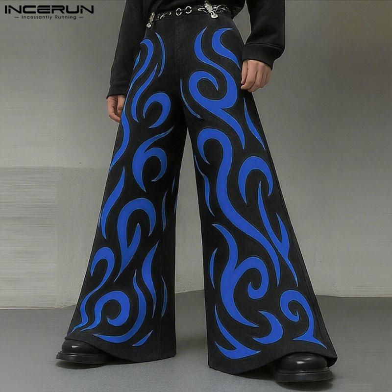 INCERUN Men Pants Casual Print Zipper Up Waist Wide Legs Long Trousers Pants