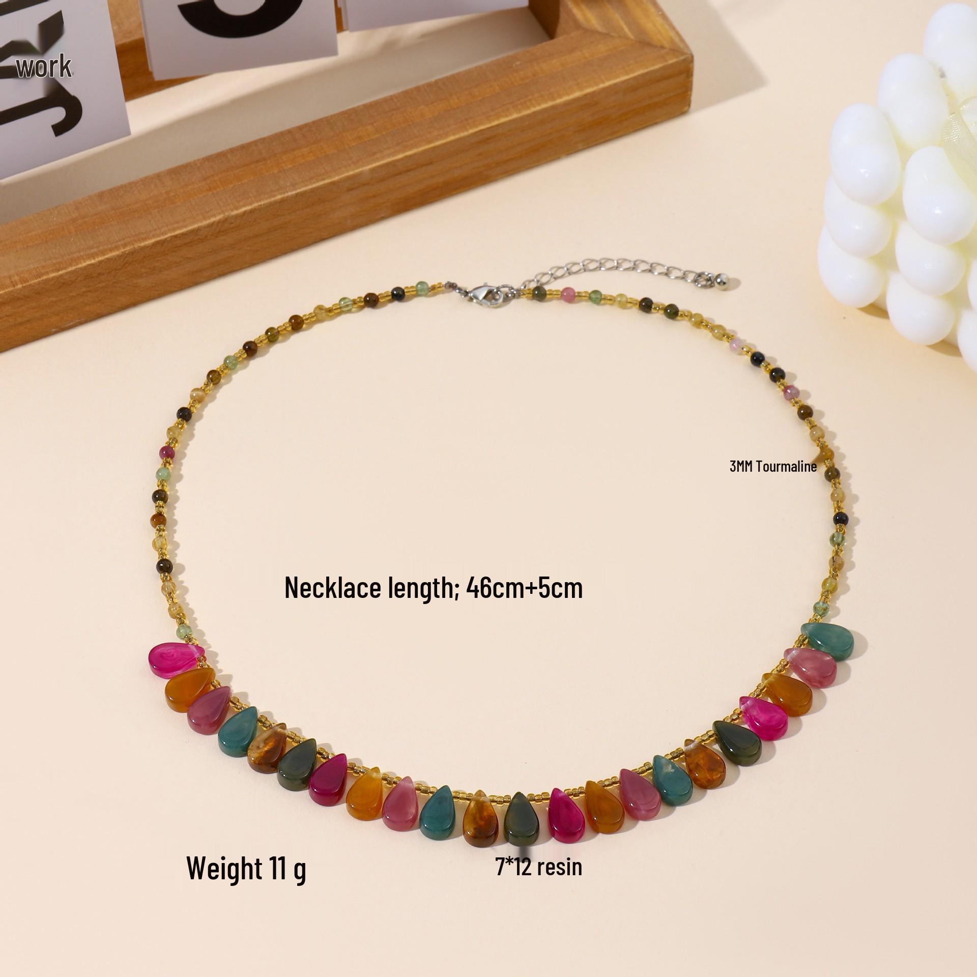 Natural Rainbow Tourmaline Beads & Resin Water Drop Necklace for Women