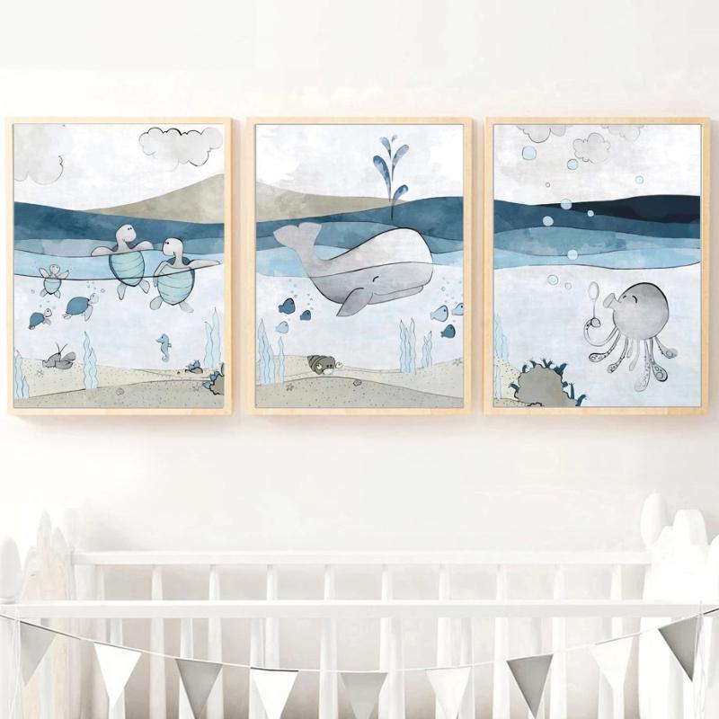 Blue Whale Turtle Octopus Wall Art Oil Painting Cartoon Nordic Canvas and Print Wall Picture Girl Boy Children Room Decoration No Frame