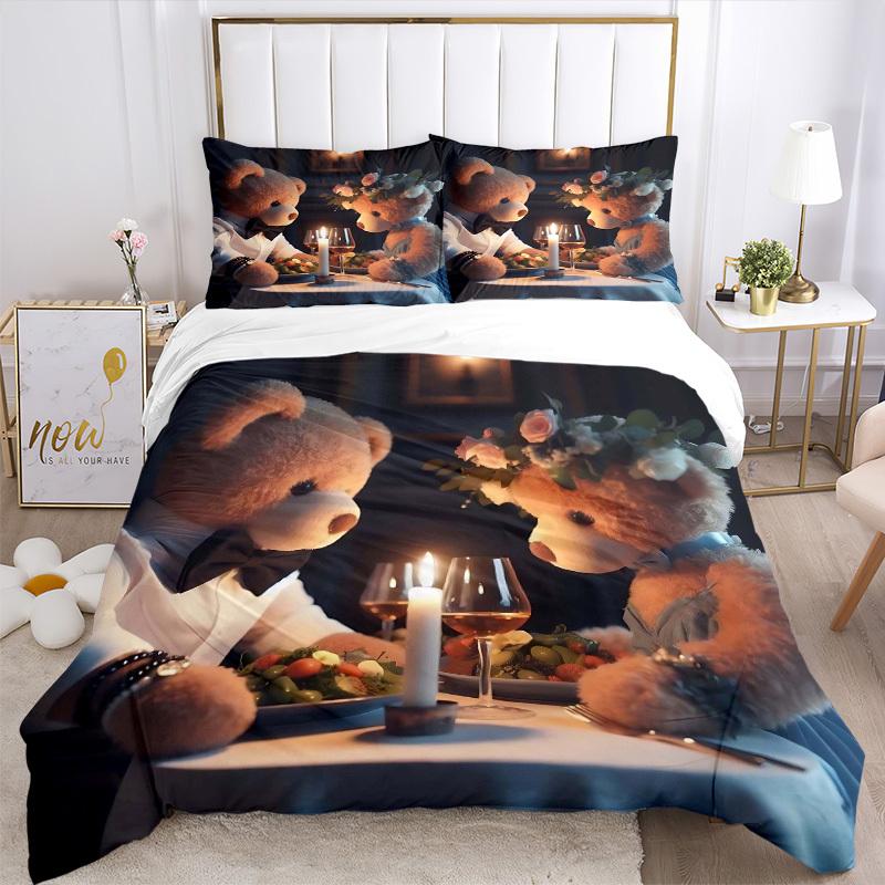 3-teiliges Anime-Teddybär-Bettwäscheset - Enthält einen Bettbezug und zwei Kissenbezüge (Kein Kern) - Perfekt für Schlafzimmer- und Gästezimmerdekoration,