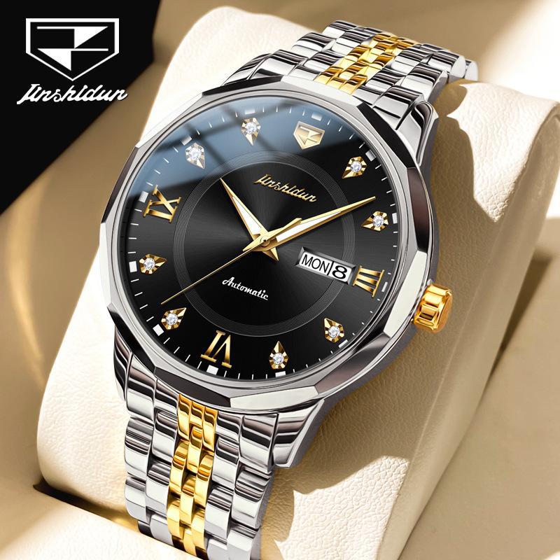 JINSHIDUN New Business and Leisure Men's Watch Elegant Business Double Calendar Mechanical Watch Waterproof Business Men's Watch