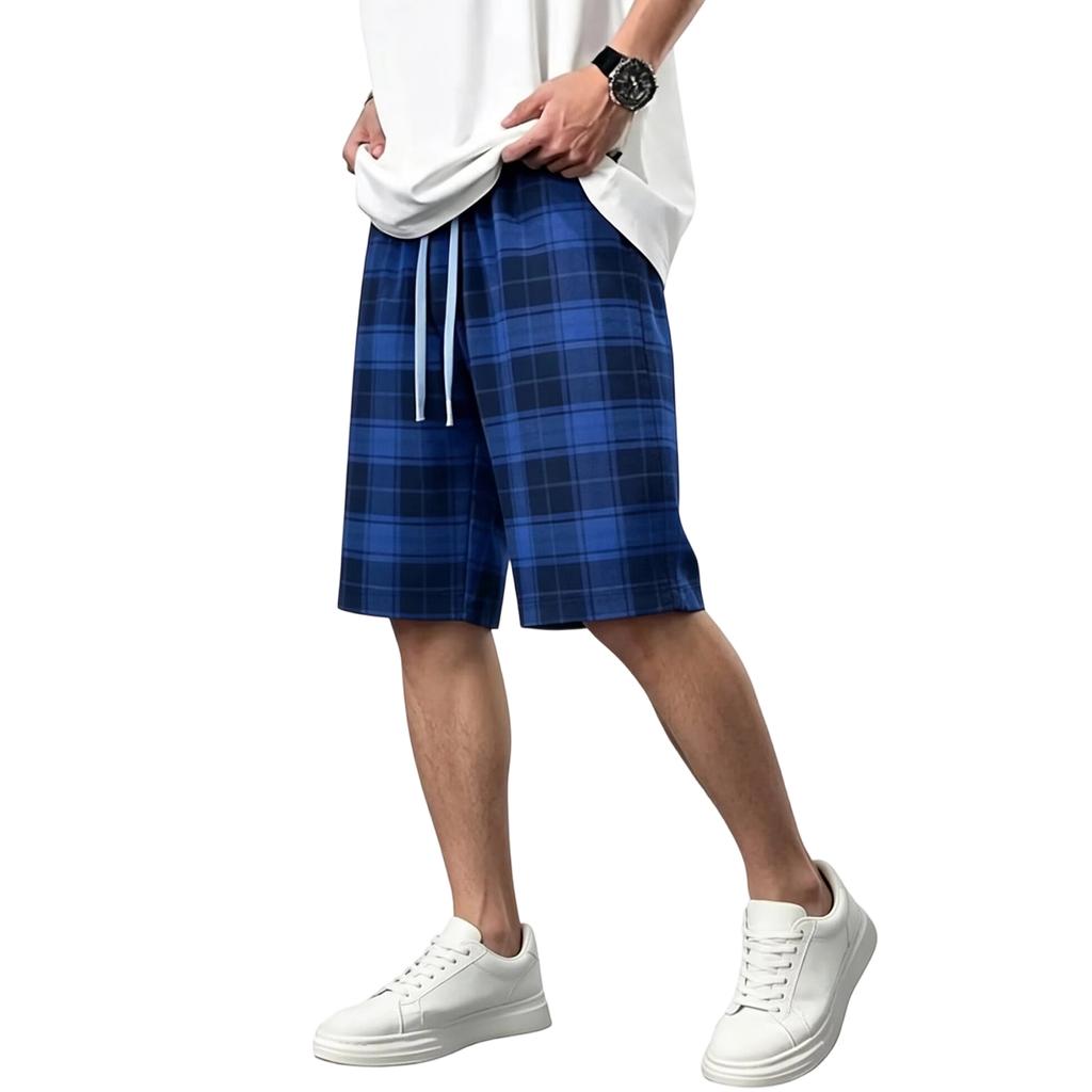 Men Drawstring Waist Plaid Print Casual Shorts Relaxed Fit Lightweight Breathable Fabric Knee Length Summer Bottoms