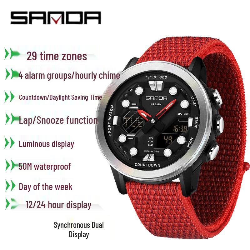 SANDA Multifunction Waterproof Digital Watch with Fluorescent Display, 29 Time Zones, Daylight Saving, 4 Alarms, Student-Friendly