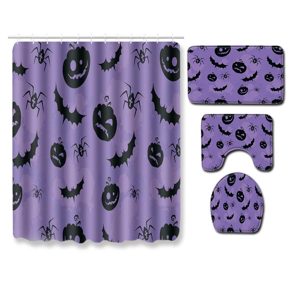 4-piece Set of Halloween Pumpkin Ghost Printed Waterproof Shower Curtain with Hooks, Bathroom Floor Mat, U-shaped Mat