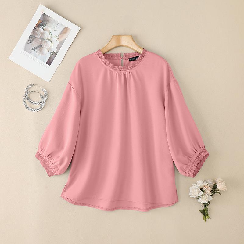 ZANZEA Damen Freizeit Rundhals Einfarbig 3/4 Ärmel Bluse