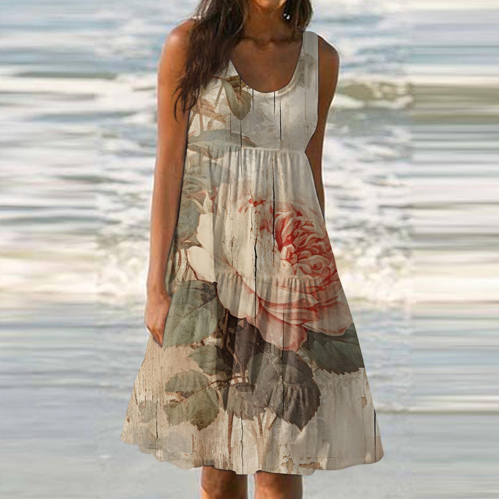 

Женское летнее модное свободное повседневное пляжное платье без рукавов с принтом XXXL хаки