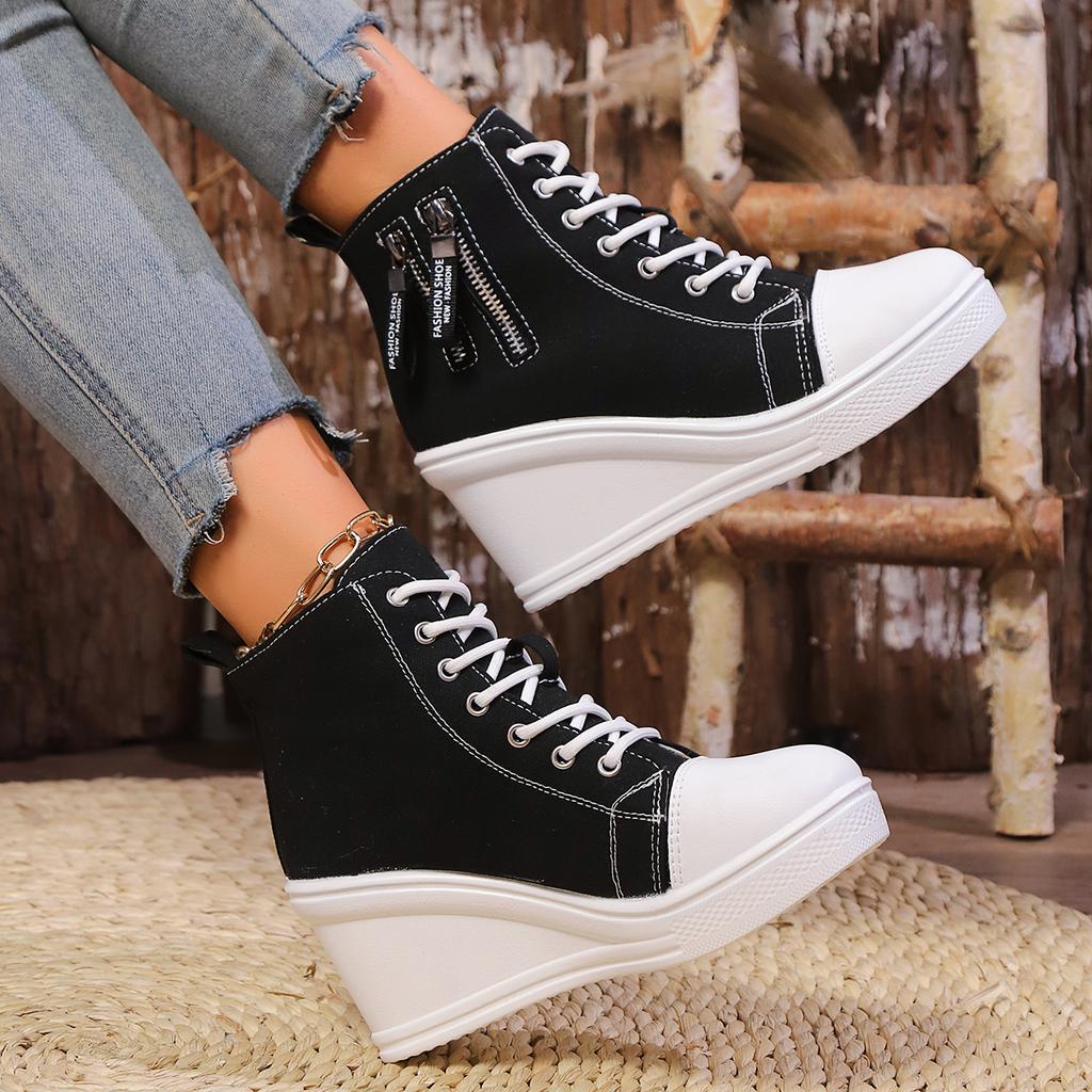 Wedge Side Zipper Increased High Breathable Sneakers 2025 New Women Lace-Up Platform Outdoor Wedge Invisible Heel Canvas Shoes