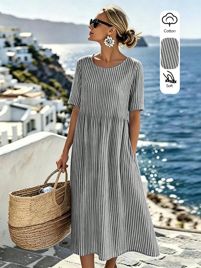 Blue-white Striped Casual Dress, Round Neck Short Sleeve, Linen Blend Fabric for Travel & Daily Commute