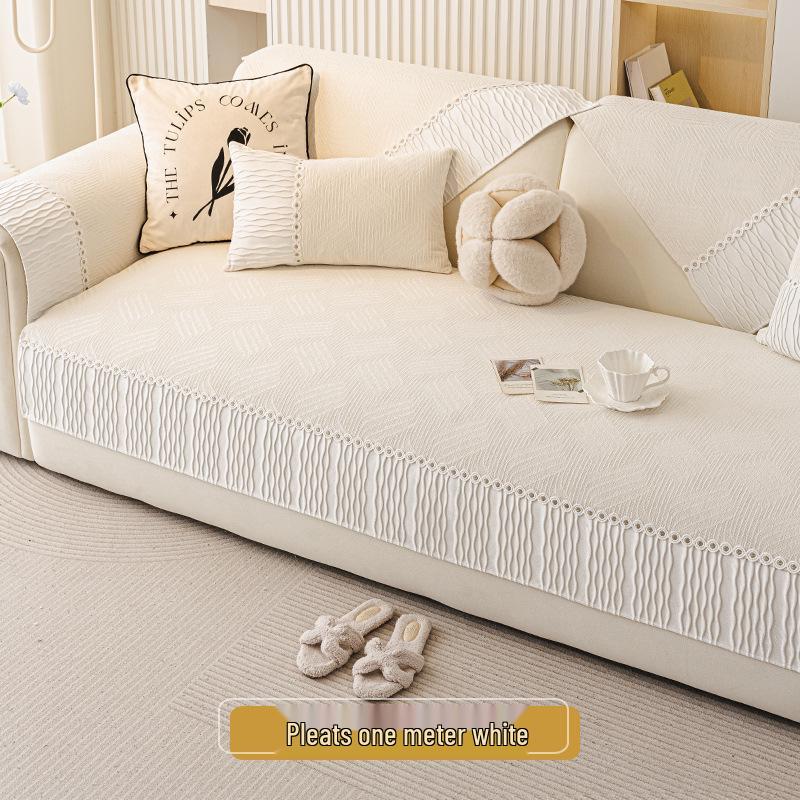 Four Seasons Chenille Luxury Sofa Cushion & Non-Slip Cover Set, Cream.