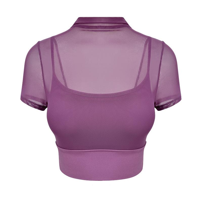 Yoga Clothes Women's Summer New Models with Chest Pads, Mesh Yarn, Fake Two-piece Fitness Clothes, Sports Training, Short-sleeved Vest Top
