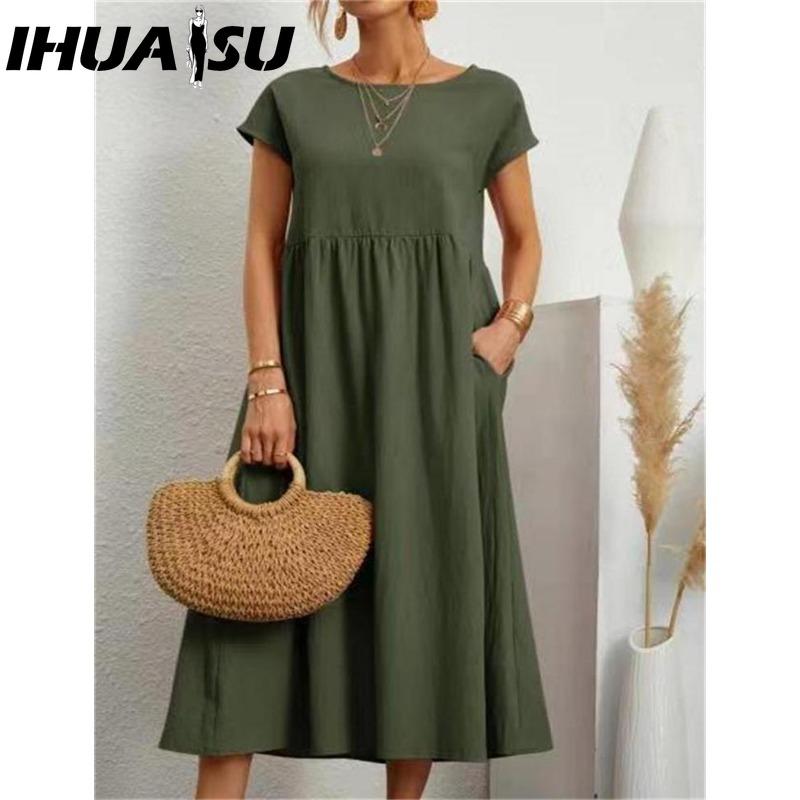 IHUASU Women's Fashion Summer Spring Solid Color Print O-Neck High Waist Casual Dresses