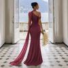 European and American Neck Slanted Shoulder Streamer Fishtail Dress Off-the-shoulder Waist Side Pleated Slim Hip-wrapped Banquet Bridesmaid Dress