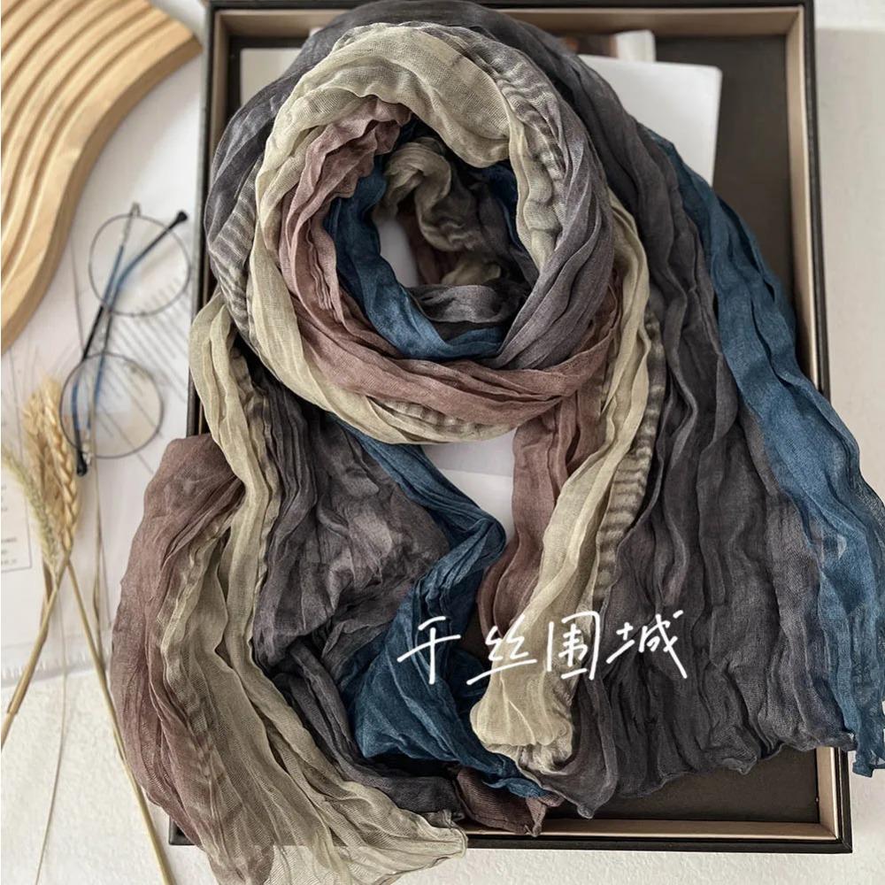 New Scarf Cotton Hemp Hand Feel Gradient Blue Autumn Winter Retro Versatile Printed Women's Long Fold Shawl Soft Fashionable