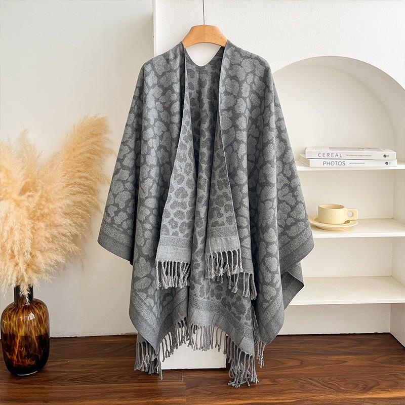 Womens Leopard Print Fringe Split Shawl Runway Fashion Cape Warm Winter
