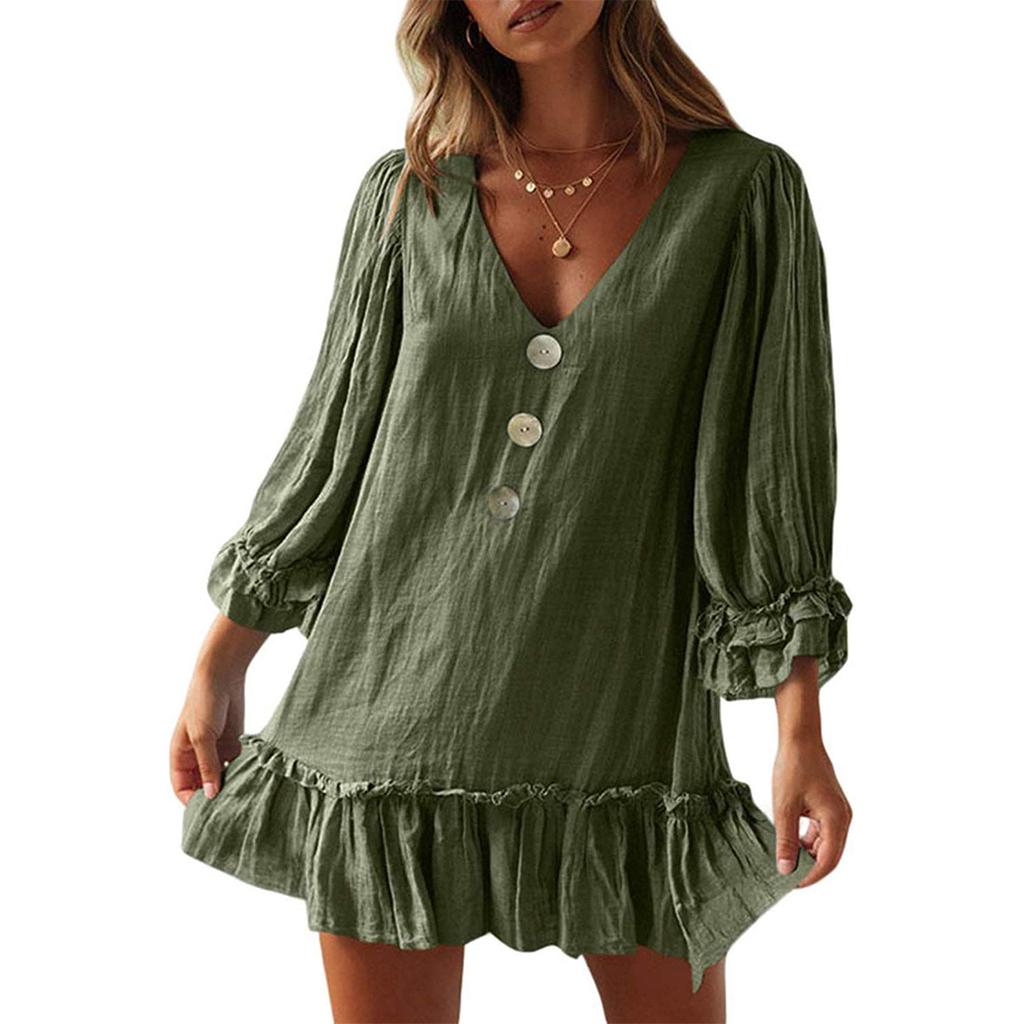GMXIA Women's A-line Skirt Loose Long Sleeve Cotton Linen Dress with Ruffled Hem