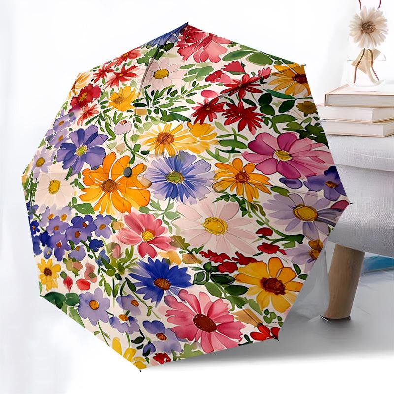 

1pc Colorful Floral Pattern Automatic Opening/Closing Umbrella, Portable Three-Fold Design with Iron Frame, Outdoor, Gift for Fans, Travelers, Daily U