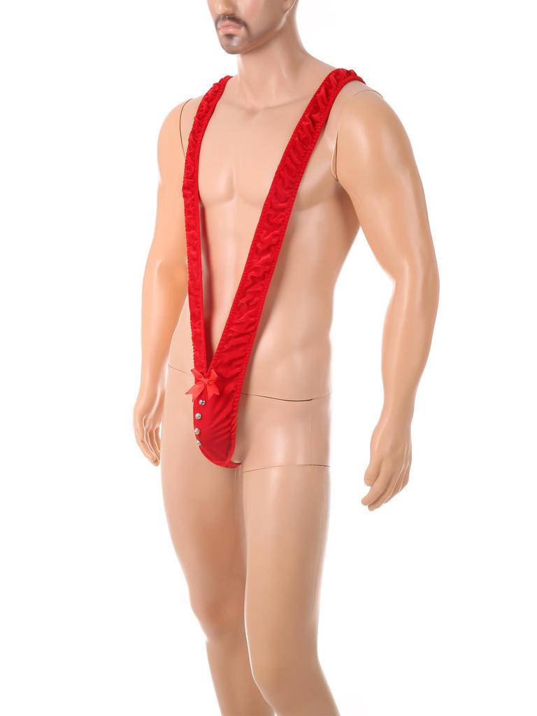 Men's Christmas Sexy Deep V Suspenders Onesie with Bell Bow