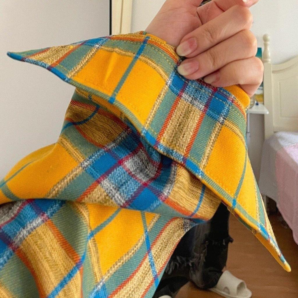 2025 Women's Retro Blue Plaid Shirt Jacket - Loose Fit, Long Sleeve for Spring & Autumn