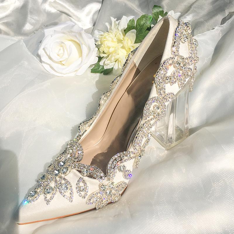 New shallow mouth pointed head satin rhinestone high heels transparent thick heel 9cm white crystal