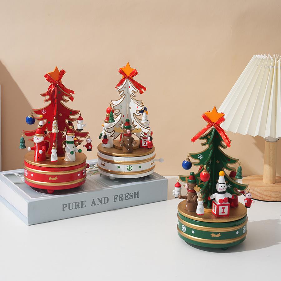 Jul Trä Roterande Speldosa Kreativ Julklapp Grossist Skrivbord Roterande Urverksdesign Speldosa