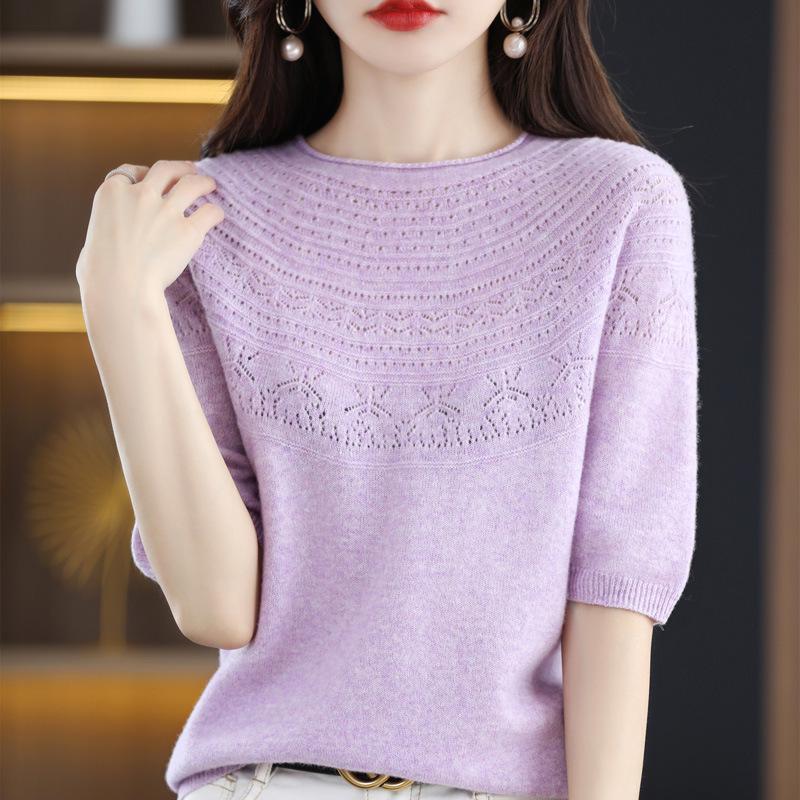 Women's Slim Fit Wool-Cashmere Sweater: Round Neck, Short Sleeve, Ideal for Autumn-Winter Layering