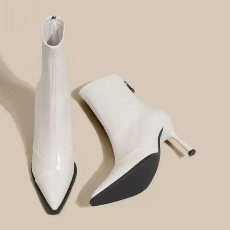 

Женские кожаные сапоги на высоком каблуке 2024 года, новые зимние теплые ботильоны с острым носком, женская удобная сексуальная обувь для женщин 35 бежевый