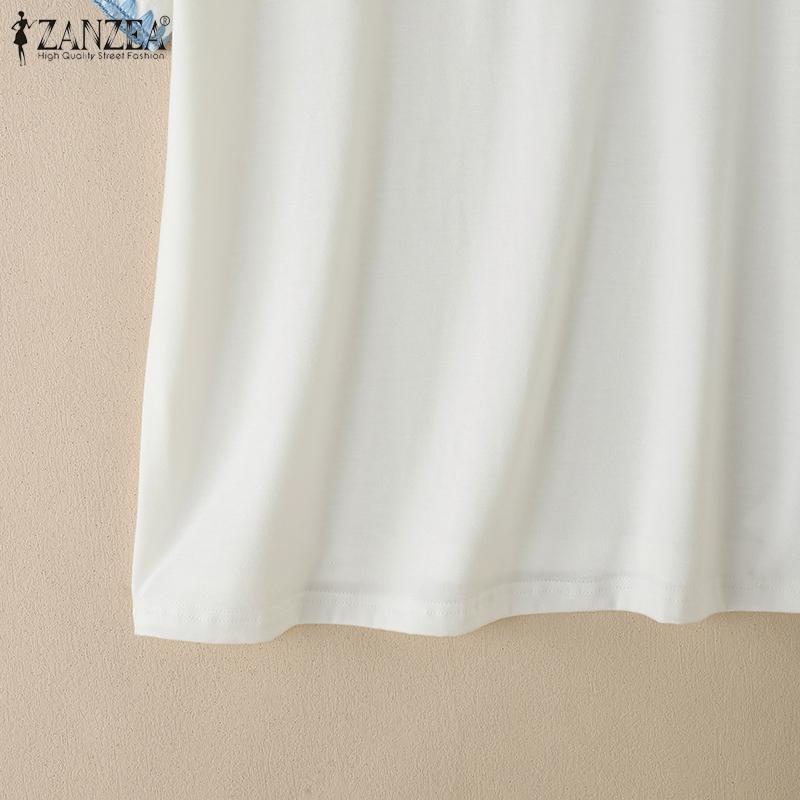 ZANZEA Women Lapel Neck Short Sleeve Stitching Embroidery Casual Tops Blouse