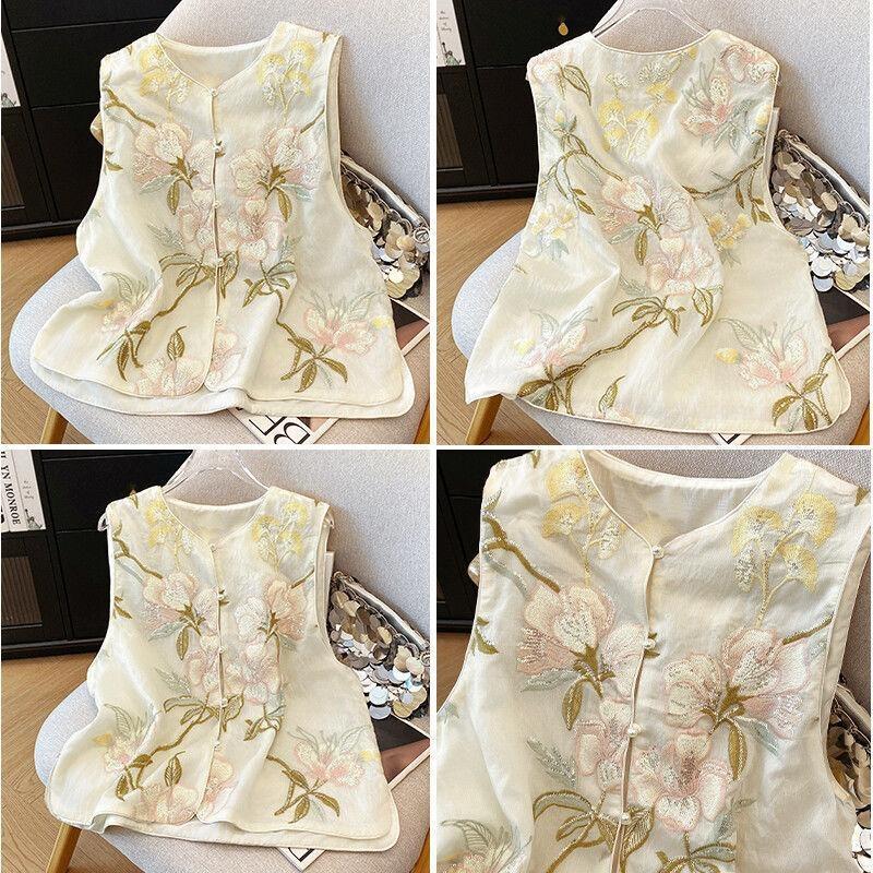 Vest women's embroidered vest vest women's summer retro disc buckle vest sleeveless new women
